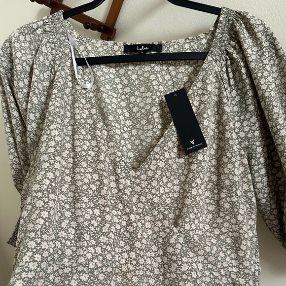 Lulu’s Sage Green Floral Print Puff Sleeve Midi Dress Size Large New - Picture 7 of 9